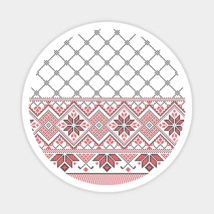 Palestinian Arabic Kufiya Keffiyeh or also called Hatta Traditional Pattern with Tatreez Embroidery Art Design Red Black on White Magnet